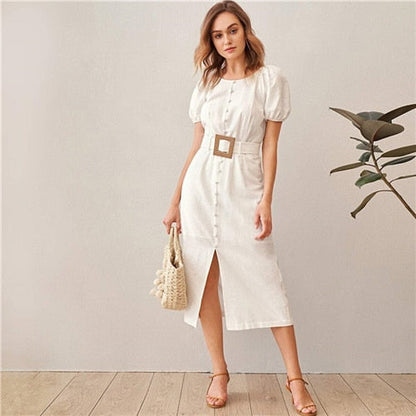 White Puff Sleeve Single Breasted Split Hem Belted Dress Women Summer Short Sleeve O-neck Fitted Boho Long Dresses