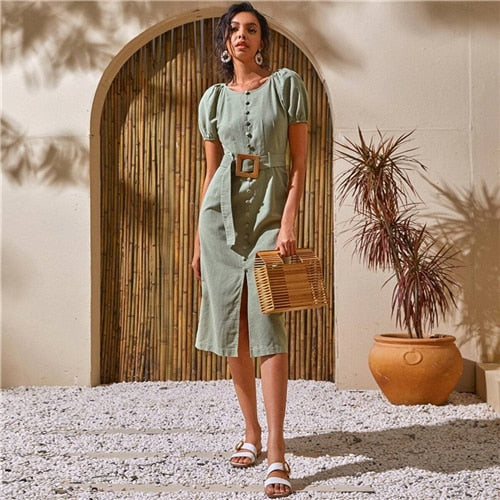 White Puff Sleeve Single Breasted Split Hem Belted Dress Women Summer Short Sleeve O-neck Fitted Boho Long Dresses