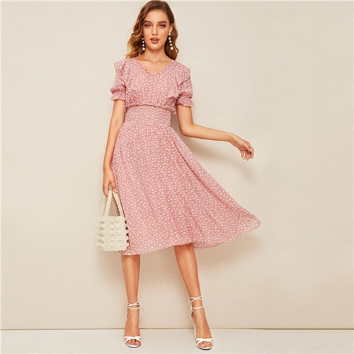 Pink Ruffle Trim Puff Sleeve Shirred Waist Summer Boho Dress Fit and Flare Dress Women Elegant Empire Long Dresses