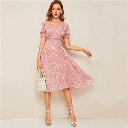 Pink Ruffle Trim Puff Sleeve Shirred Waist Summer Boho Dress Fit and Flare Dress Women Elegant Empire Long Dresses