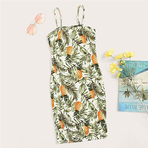Allover Pineapple Tropical Print Cami Dress Multicolor Sleeveless Sheath Mini Dresses Women Summer Vacation Beach Dress