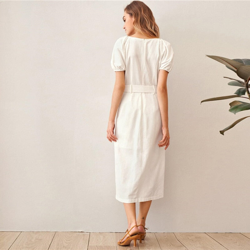 White Puff Sleeve Single Breasted Split Hem Belted Dress Women Summer Short Sleeve O-neck Fitted Boho Long Dresses