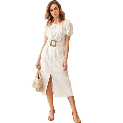 White Puff Sleeve Single Breasted Split Hem Belted Dress Women Summer Short Sleeve O-neck Fitted Boho Long Dresses