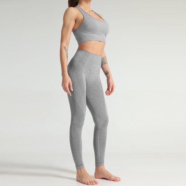 Lycra Seamless 2PCS Women Yoga Set Gym Clothing Fitness Leggings+Cropped Shirts Sport Suit Women Long Sleeve Tracksuit Active