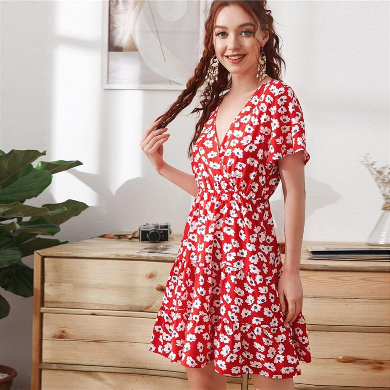 Green Ditsy Floral Surplice Front Ruffle Hem Dress Women V Neck Short Sleeve Summer Boho High Waist Short A Line Dresses
