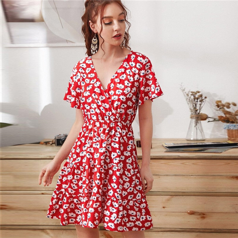 Green Ditsy Floral Surplice Front Ruffle Hem Dress Women V Neck Short Sleeve Summer Boho High Waist Short A Line Dresses