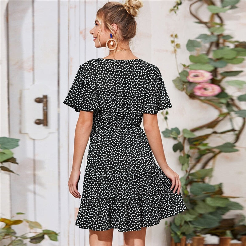 Green Ditsy Floral Surplice Front Ruffle Hem Dress Women V Neck Short Sleeve Summer Boho High Waist Short A Line Dresses