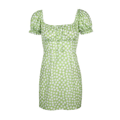 Floral Casual Dress Women Green Slim Elegant Club Mini Floral Dress Ruched Bow Off Shoulder Summer Dresses Casual Retro