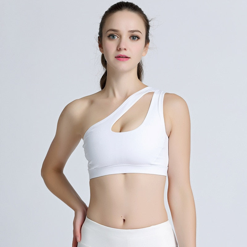 Solid One Shoulder Yoga Seamless Shockproof Bra Top Fitness Running Gym Yoga Top Women Gym Workout Beauty Back Sport Bra Vest