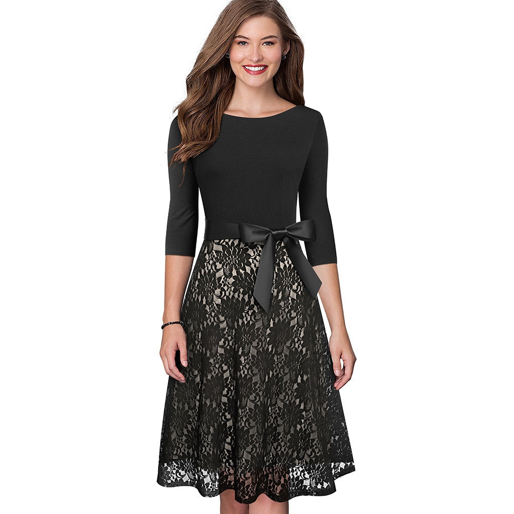 Retro Vintage Lace Patchwork with Sash Dresses Cocktail Party Flared Women Dress