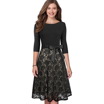 Retro Vintage Lace Patchwork with Sash Dresses Cocktail Party Flared Women Dress