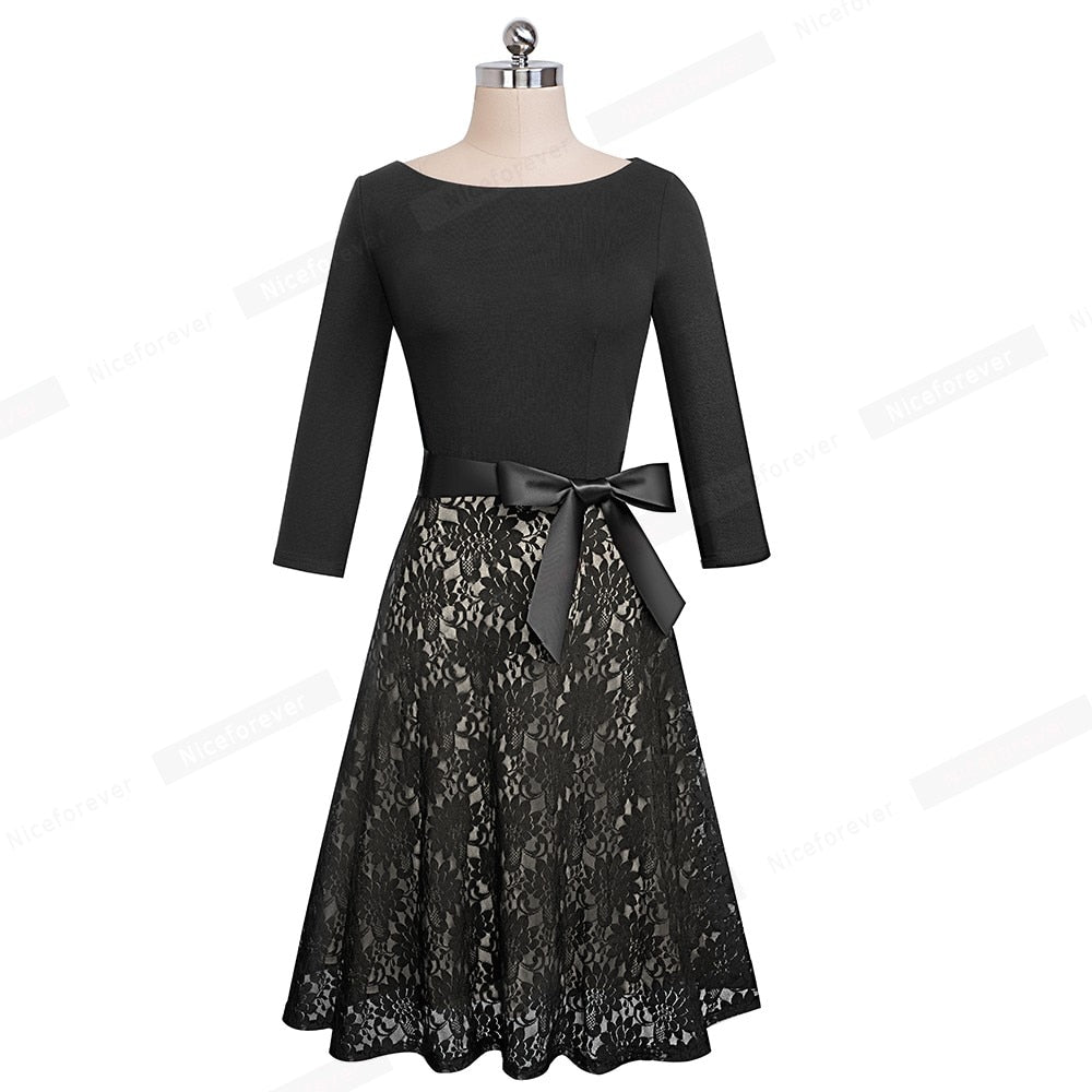 Retro Vintage Lace Patchwork with Sash Dresses Cocktail Party Flared Women Dress