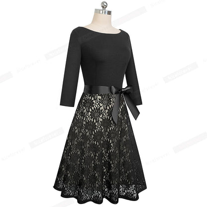 Retro Vintage Lace Patchwork with Sash Dresses Cocktail Party Flared Women Dress