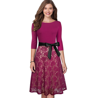 Retro Vintage Lace Patchwork with Sash Dresses Cocktail Party Flared Women Dress