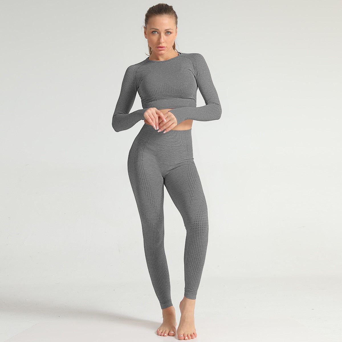 Lycra Seamless 2PCS Women Yoga Set Gym Clothing Fitness Leggings+Cropped Shirts Sport Suit Women Long Sleeve Tracksuit Active