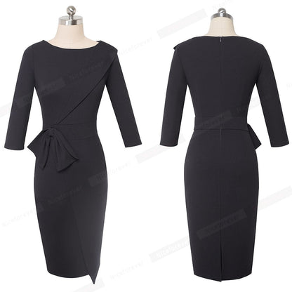 Pure Color with Bow Peplum Dresses Formal Business Bodycon Autumn Women Dress