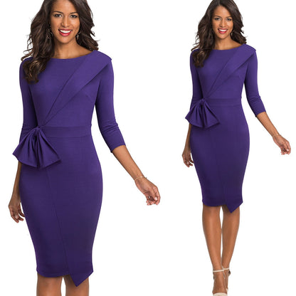 Pure Color with Bow Peplum Dresses Formal Business Bodycon Autumn Women Dress
