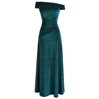 Off Shoulder Pleated Evening Dresses Long Party Gown Peacock green