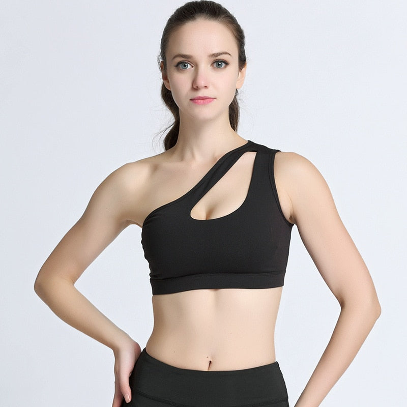 Solid One Shoulder Yoga Seamless Shockproof Bra Top Fitness Running Gym Yoga Top Women Gym Workout Beauty Back Sport Bra Vest