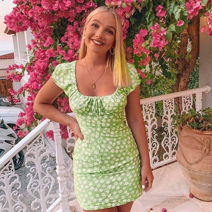 Floral Casual Dress Women Green Slim Elegant Club Mini Floral Dress Ruched Bow Off Shoulder Summer Dresses Casual Retro
