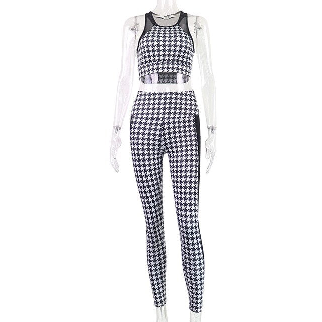 Sportswear Seamless Plaid Yoga Suit Women Gym Clothes Sheer Mesh Patchwork Crop Top Leggings Tracksuit Workout Fitness Suit