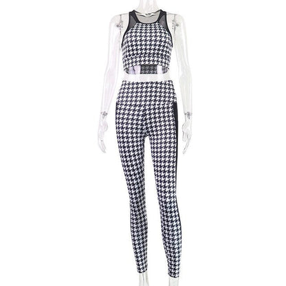 Sportswear Seamless Plaid Yoga Suit Women Gym Clothes Sheer Mesh Patchwork Crop Top Leggings Tracksuit Workout Fitness Suit