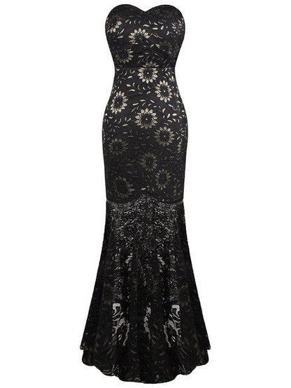 Strapless Floral Lace See Through Mermaid Formal Long Evening Dresses Black