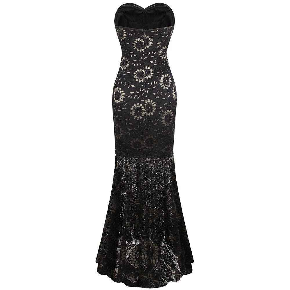 Strapless Floral Lace See Through Mermaid Formal Long Evening Dresses Black