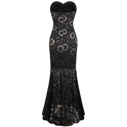 Strapless Floral Lace See Through Mermaid Formal Long Evening Dresses Black