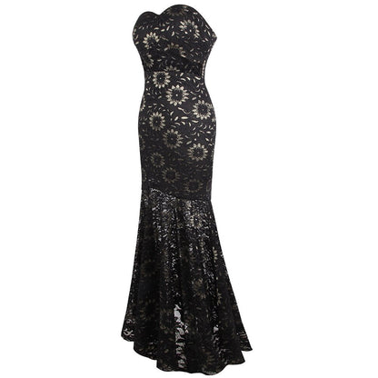 Strapless Floral Lace See Through Mermaid Formal Long Evening Dresses Black