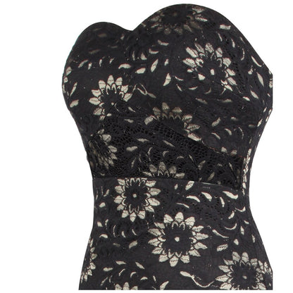 Strapless Floral Lace See Through Mermaid Formal Long Evening Dresses Black