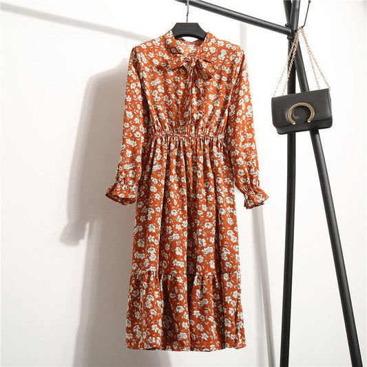 A-line Women Full Sleeve Flower Plaid Print Dresses Slim Feminino High Elastic Waist Corduroy Vintage Dress