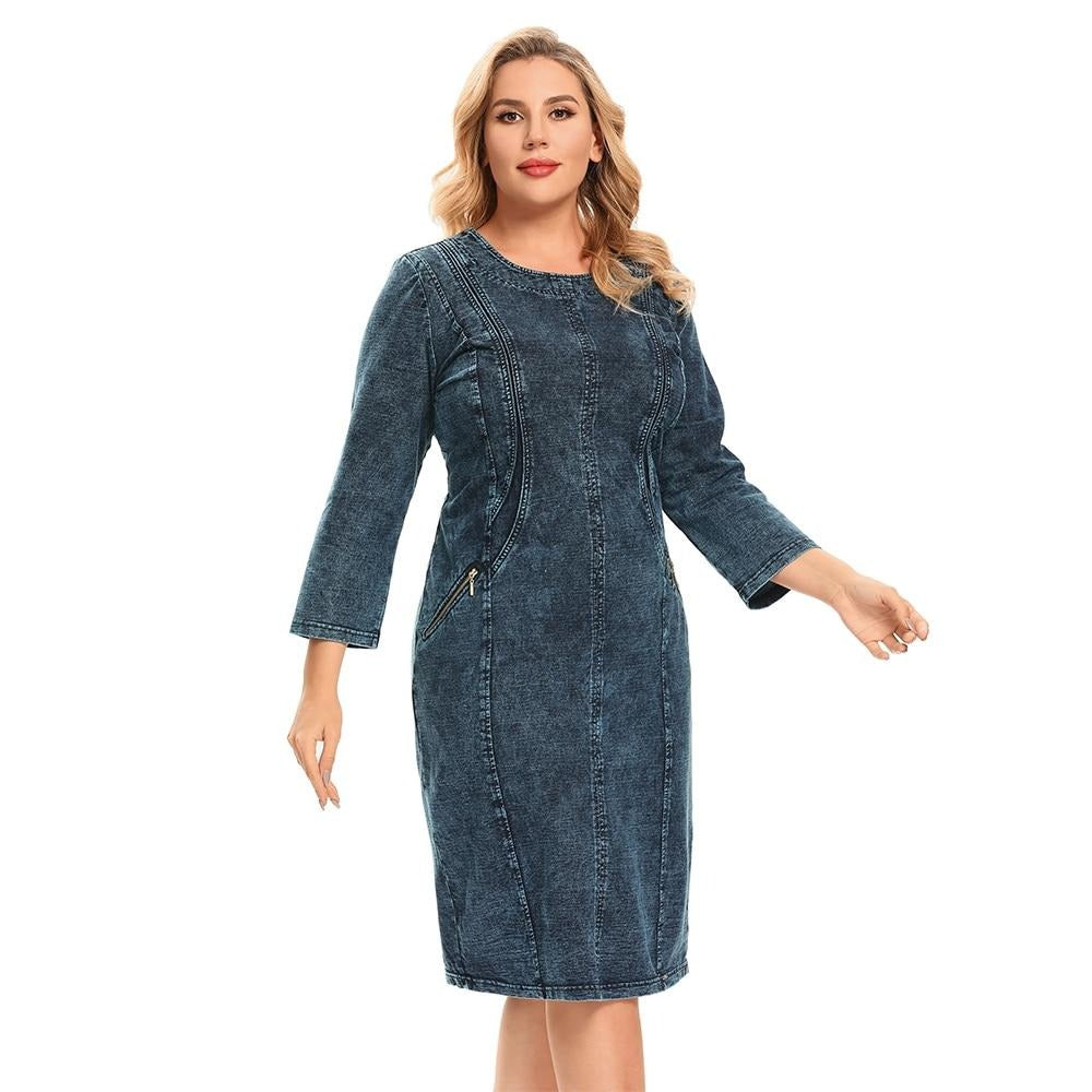 Women's Plus Size Denim Dress Elasticity Knitted Denim Dresses Slim Fit Casual Dress  Knee-Length Midi Dress