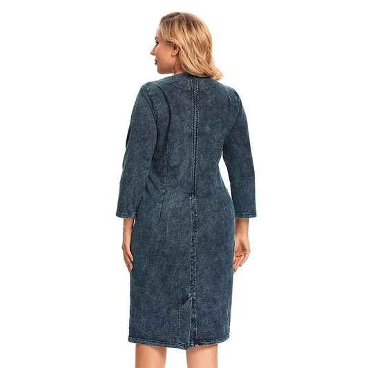 Women's Plus Size Denim Dress Elasticity Knitted Denim Dresses Slim Fit Casual Dress  Knee-Length Midi Dress