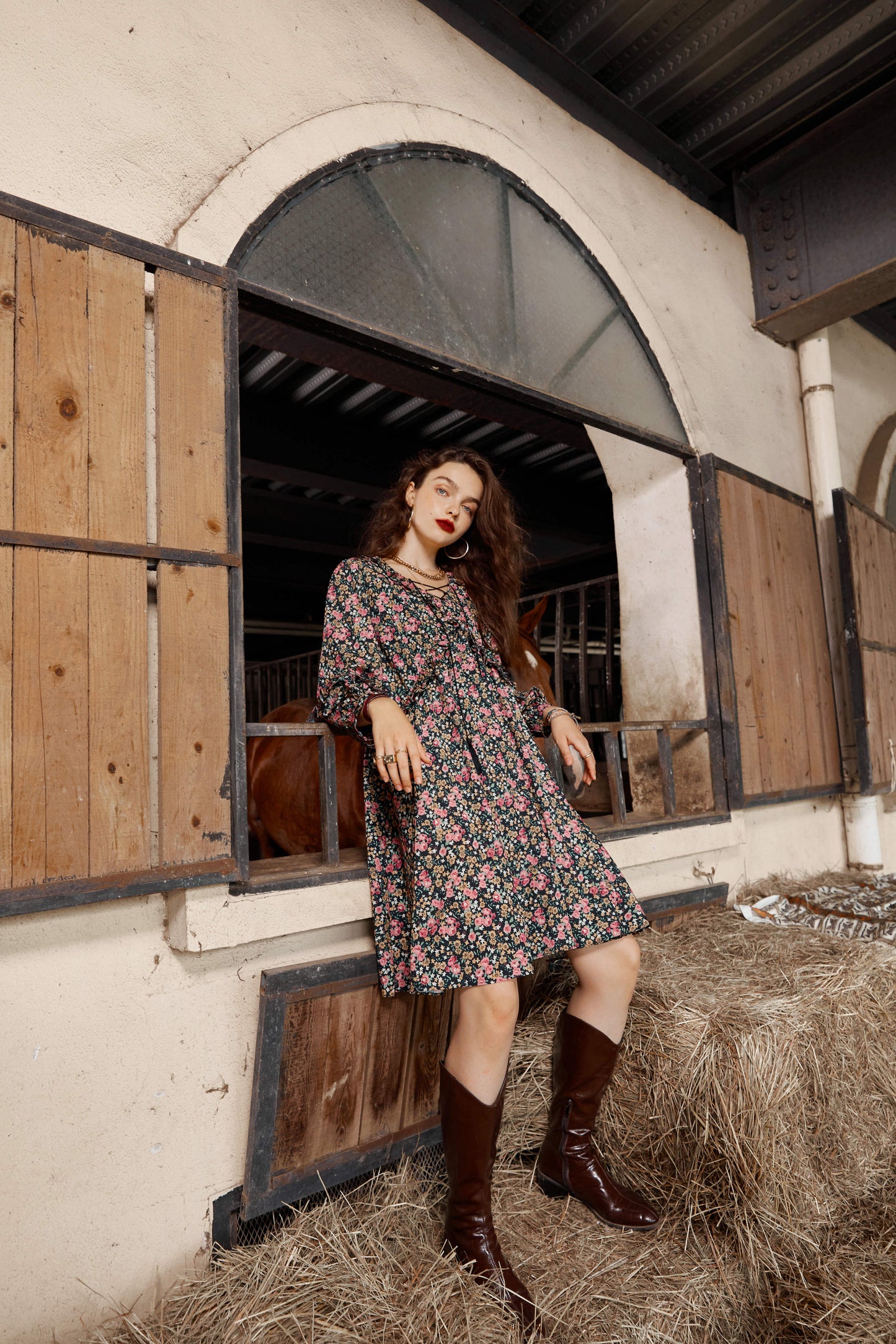 Floral Print High Waist Casual Vintage Chiffon Dresses Women,Autumn Full Sleeve Korean Ladies Party Chiffon Dress