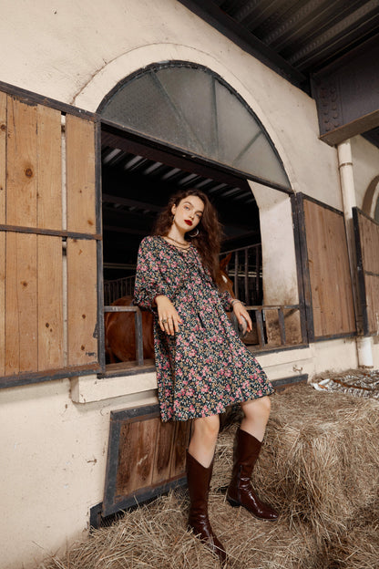 Floral Print High Waist Casual Vintage Chiffon Dresses Women,Autumn Full Sleeve Korean Ladies Party Chiffon Dress