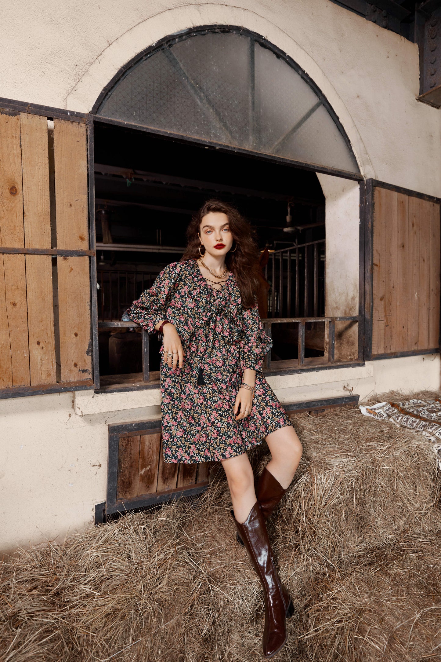 Floral Print High Waist Casual Vintage Chiffon Dresses Women,Autumn Full Sleeve Korean Ladies Party Chiffon Dress