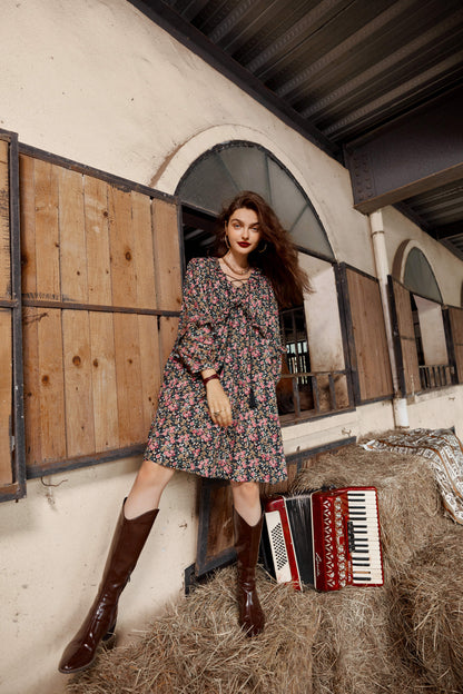 Floral Print High Waist Casual Vintage Chiffon Dresses Women,Autumn Full Sleeve Korean Ladies Party Chiffon Dress