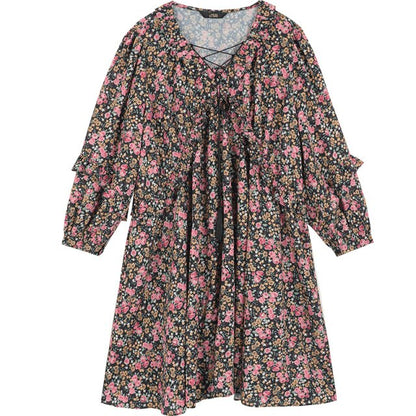 Floral Print High Waist Casual Vintage Chiffon Dresses Women,Autumn Full Sleeve Korean Ladies Party Chiffon Dress