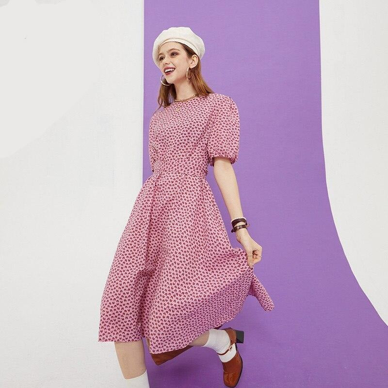 Love Print Casual Midi Holiday Dresses Women,Summer Vintage Short Sleeve High Waist Ladies Daily Bohemia Dress