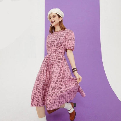 Love Print Casual Midi Holiday Dresses Women,Summer Vintage Short Sleeve High Waist Ladies Daily Bohemia Dress