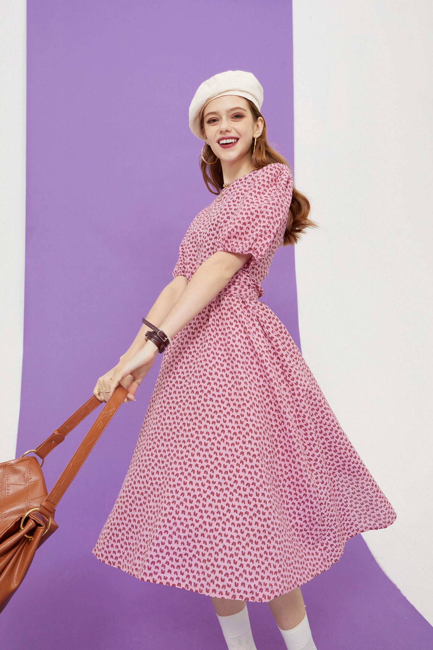 Love Print Casual Midi Holiday Dresses Women,Summer Vintage Short Sleeve High Waist Ladies Daily Bohemia Dress