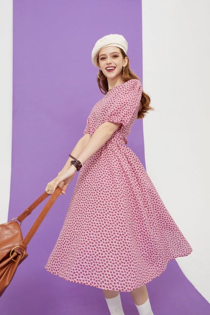 Love Print Casual Midi Holiday Dresses Women,Summer Vintage Short Sleeve High Waist Ladies Daily Bohemia Dress