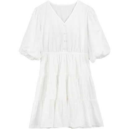 Solid Pure Casual Midi Ruffle Dresses Women,Spring ELF Vintage Lantern Sleeve High Waist Ladies Daily Summer Dress