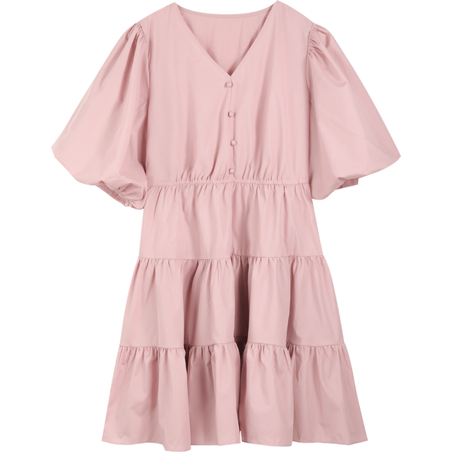 Solid Pure Casual Midi Ruffle Dresses Women,Spring ELF Vintage Lantern Sleeve High Waist Ladies Daily Summer Dress