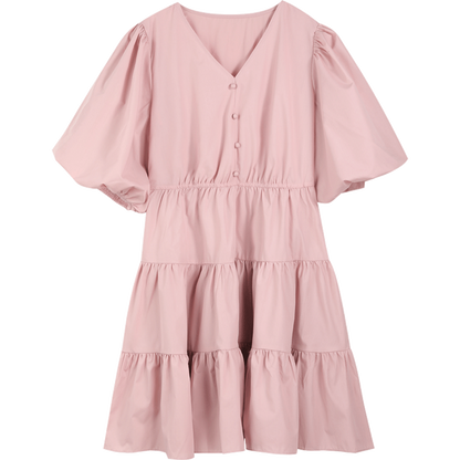 Solid Pure Casual Midi Ruffle Dresses Women,Spring ELF Vintage Lantern Sleeve High Waist Ladies Daily Summer Dress