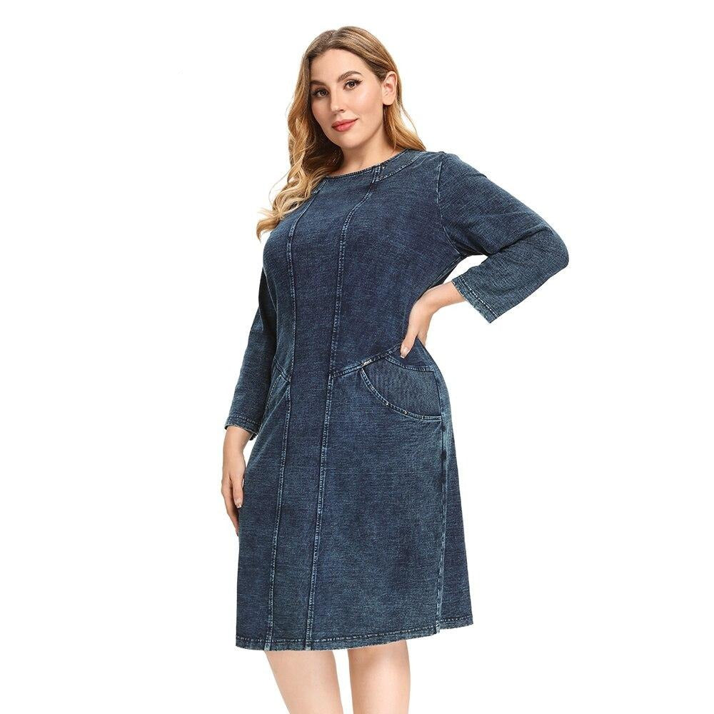 Women's Plus Size Denim Dress Elasticity  Knitted Denim Dresses Slim Fit Casual Dress Shoulder Pads Midi Dress