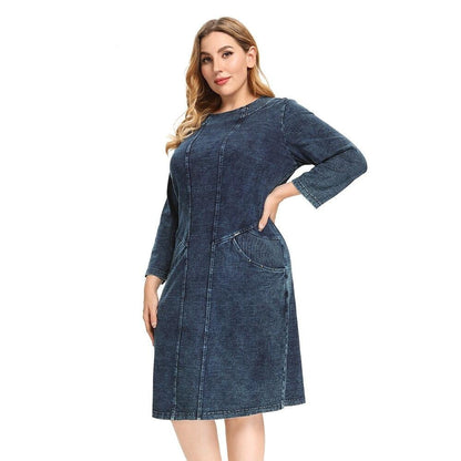 Women's Plus Size Denim Dress Elasticity  Knitted Denim Dresses Slim Fit Casual Dress Shoulder Pads Midi Dress