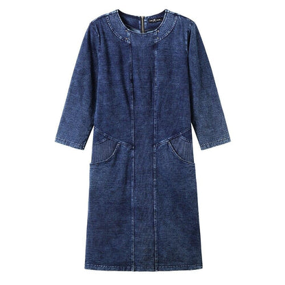 Women's Plus Size Denim Dress Elasticity  Knitted Denim Dresses Slim Fit Casual Dress Shoulder Pads Midi Dress