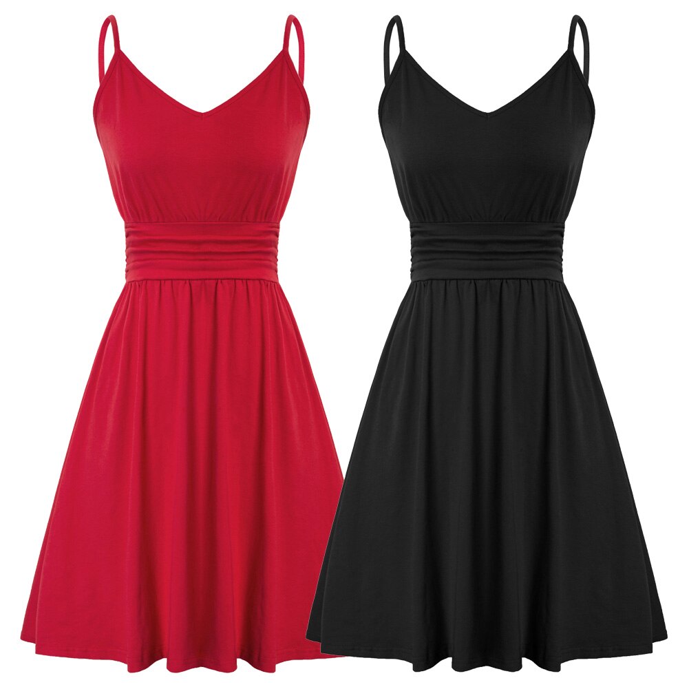 Women Dress Spaghetti Straps V-Neck Pleated Waist A-Line Dresses Solid Color Mini Cotton Dresses Leisure Sweet Clothes